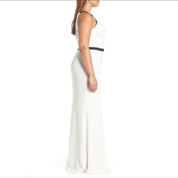 NEW DRESS THE POPULATION Off White & Black LANA Plunge Neck MERMAID Slit GOWN XL - Picture 15 of 16